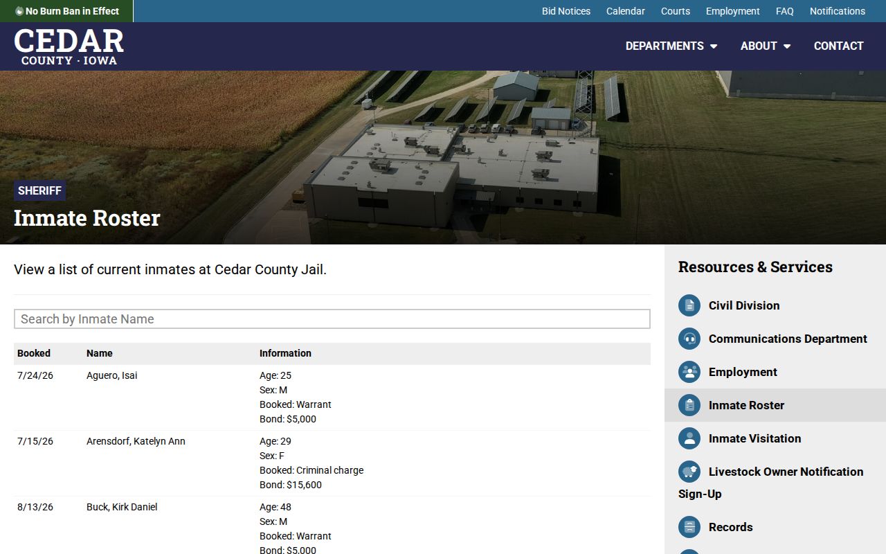 Cedar County current inmate roster and booking fields