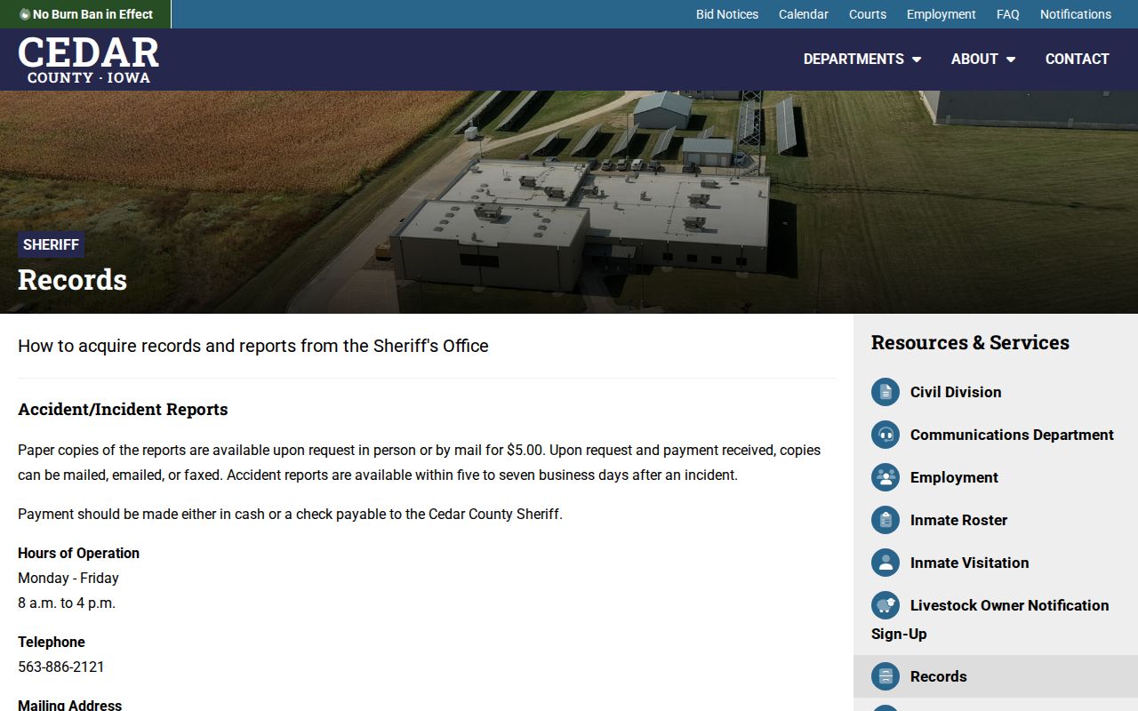 Cedar County Sheriff's Office booking record request information