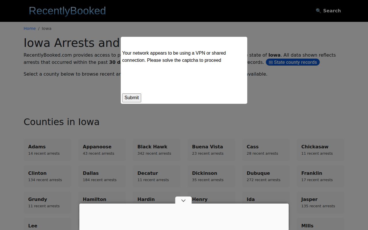 Unofficial Iowa booking index without Cedar County records